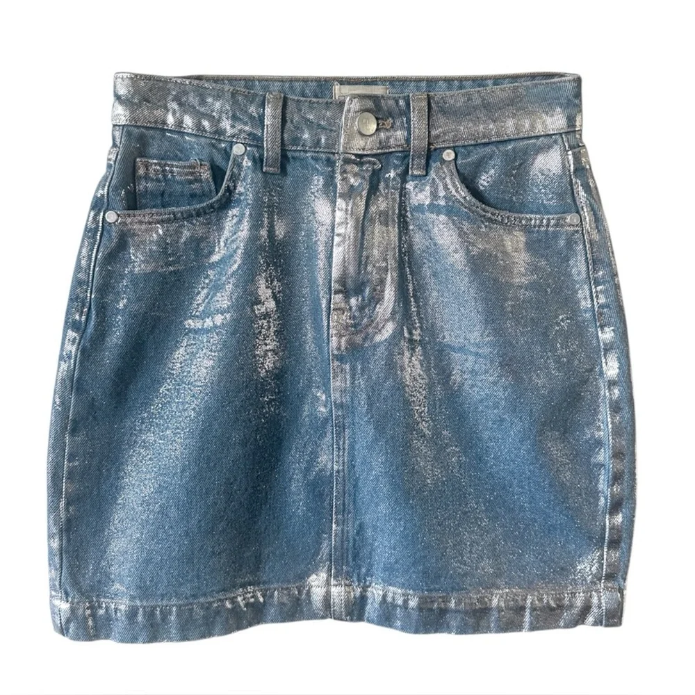 Pilcro by Anthropologie Metallic Coated Denim Mini Skirt Silver Blue - 2